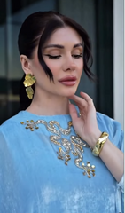 Sky Blue Velvet Cape Dress – Pakistani Formal Wear