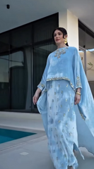 Sky Blue Velvet Cape Dress – Pakistani Formal Wear