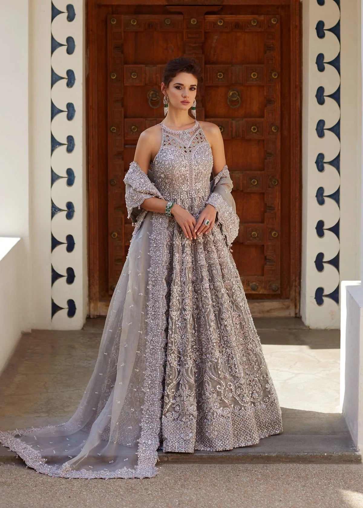 Ravina Grey embellished bridal gown with cape sleeves and detachable dupatta, front view