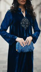 Royal Blue Velvet Kaftan Dress – Pakistani Formal Wear