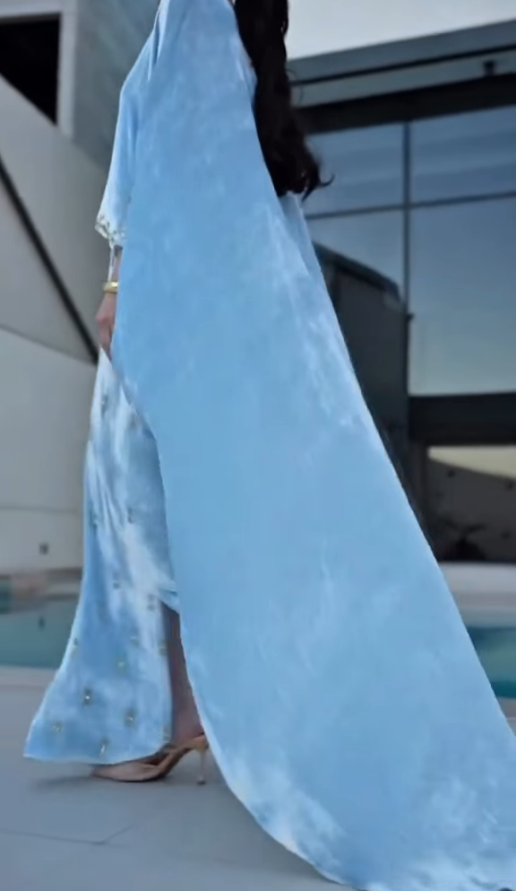 Sky Blue Velvet Cape Dress – Pakistani Formal Wear