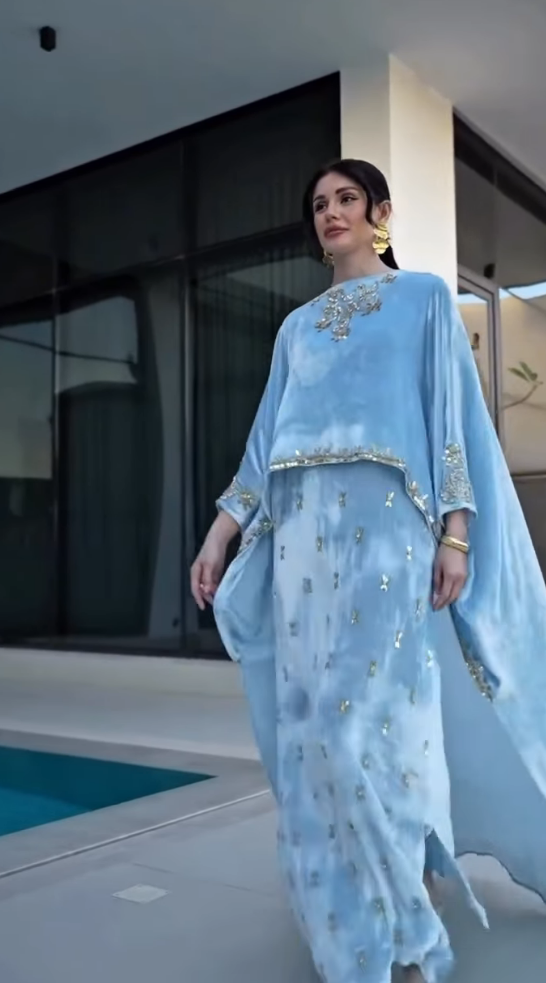Sky Blue Velvet Cape Dress – Pakistani Formal Wear