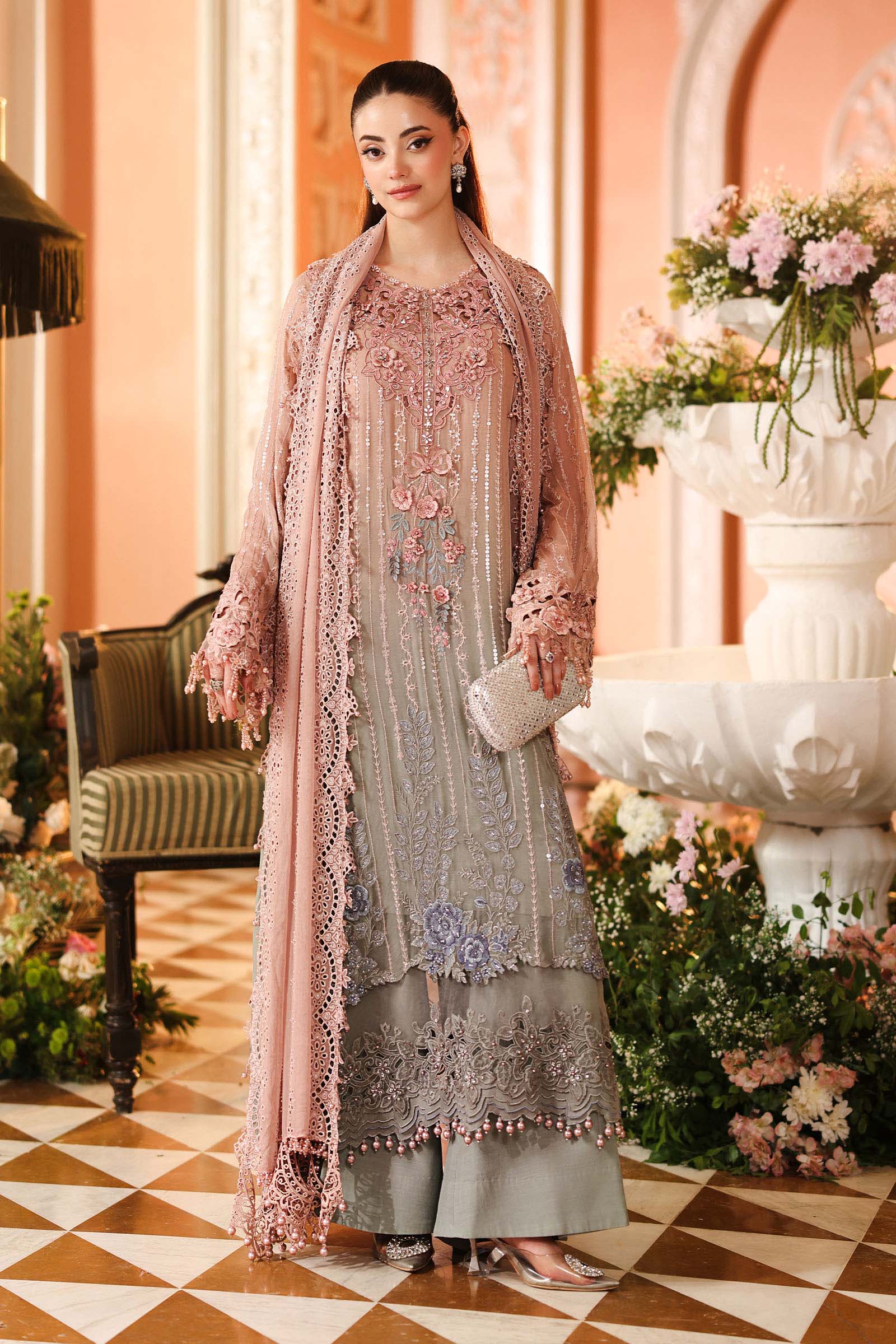 Boorban | Pink-Grey Embroidered Chiffon 3-Piece