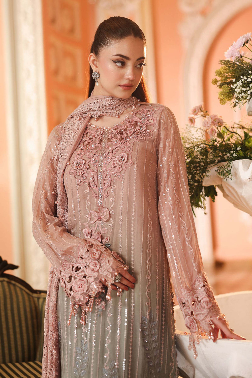 Boorban | Pink-Grey Embroidered Chiffon 3-Piece