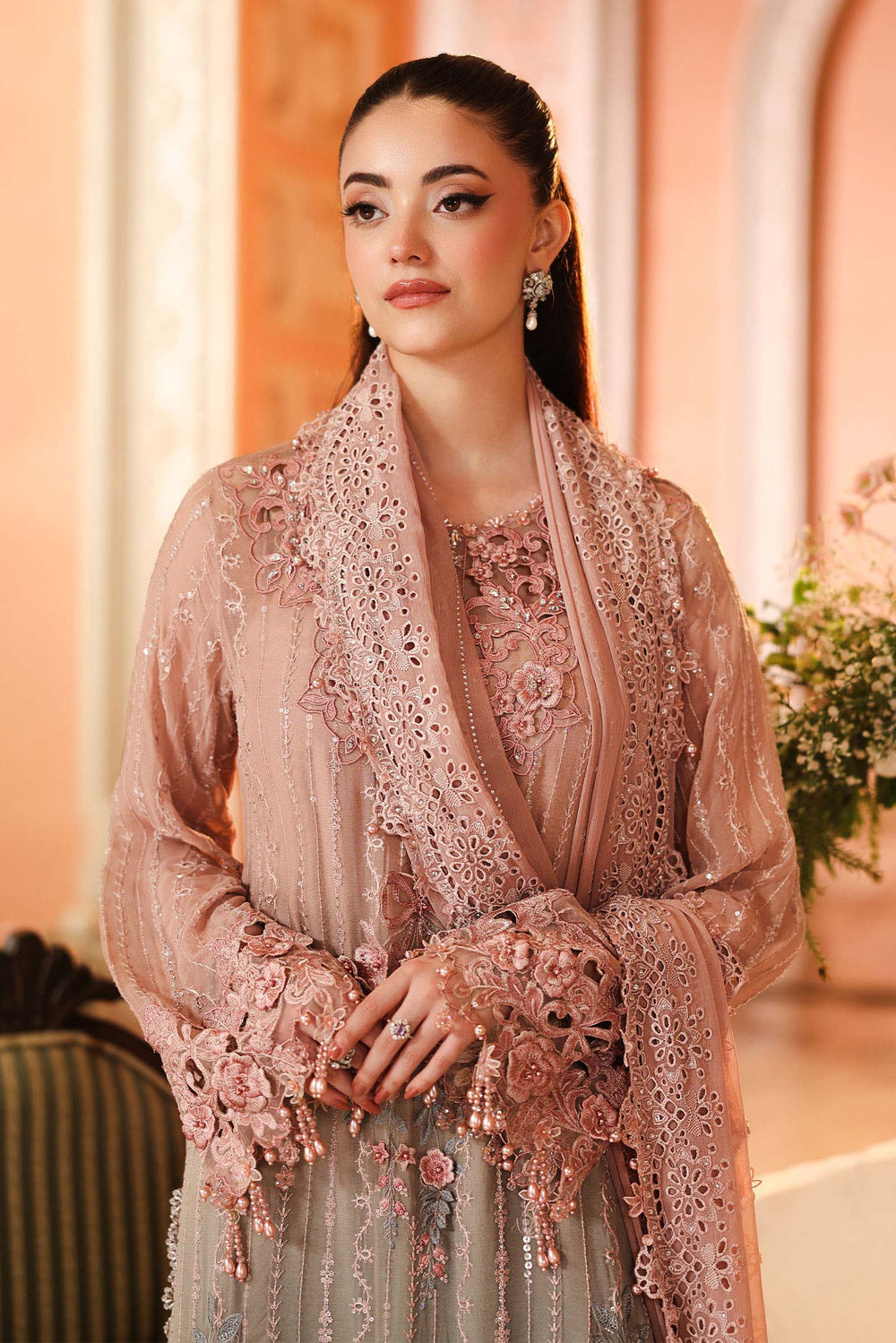 Boorban | Pink-Grey Embroidered Chiffon 3-Piece