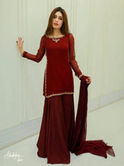 Elegant red Pakistani chiffon dress with gold embroidery
