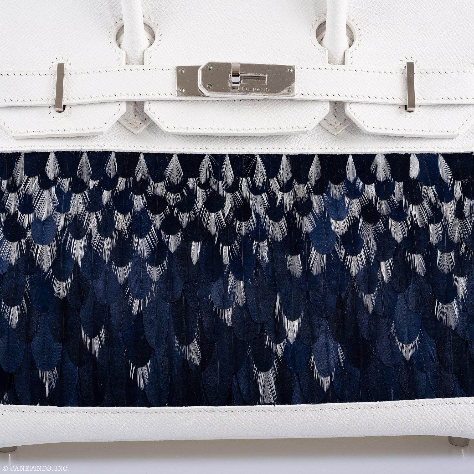 Vintage Hermes Birkin 30 White Epsom with Custom Feather Panel & Palladium Hardware - 2010, N Square