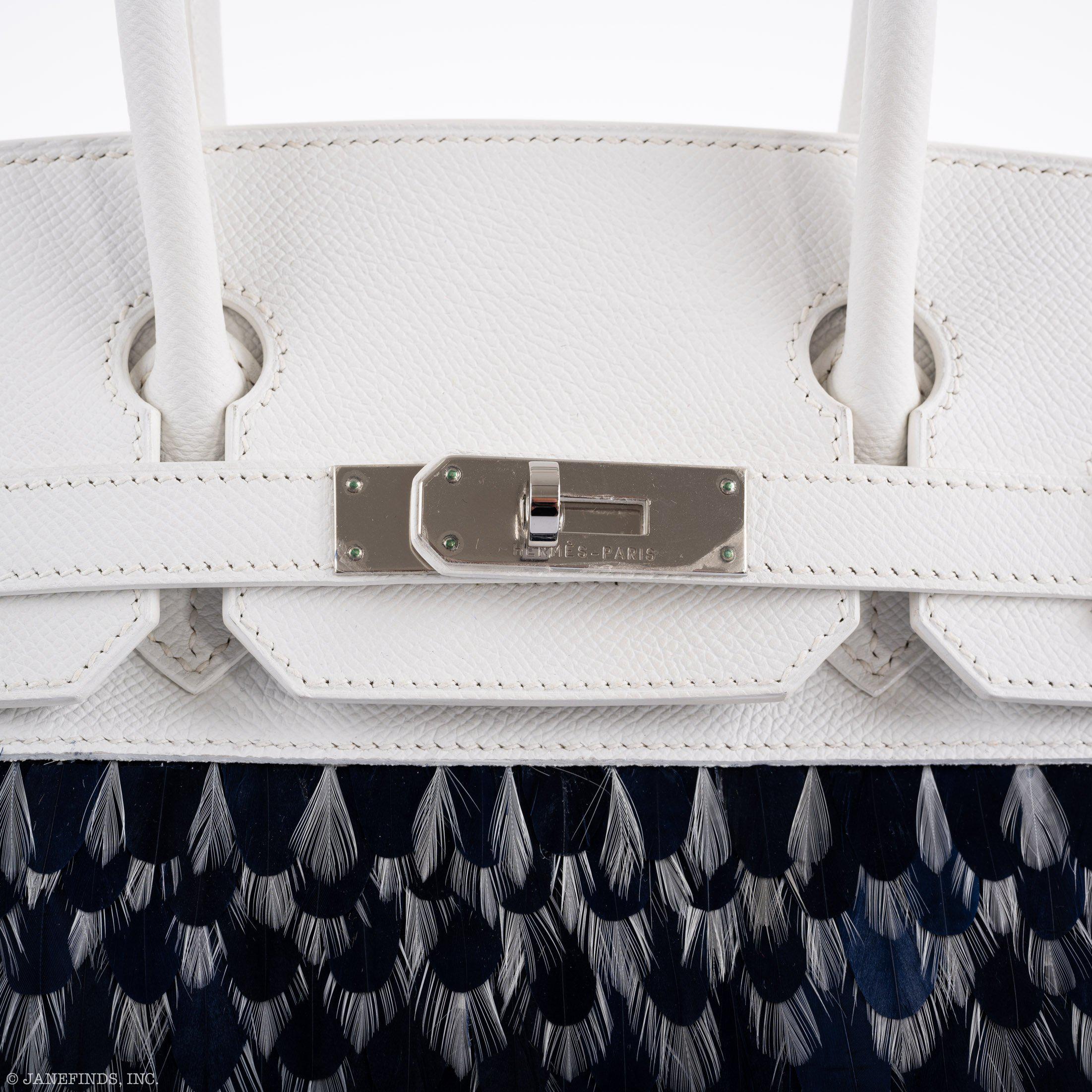Vintage Hermes Birkin 30 White Epsom with Custom Feather Panel & Palladium Hardware - 2010, N Square