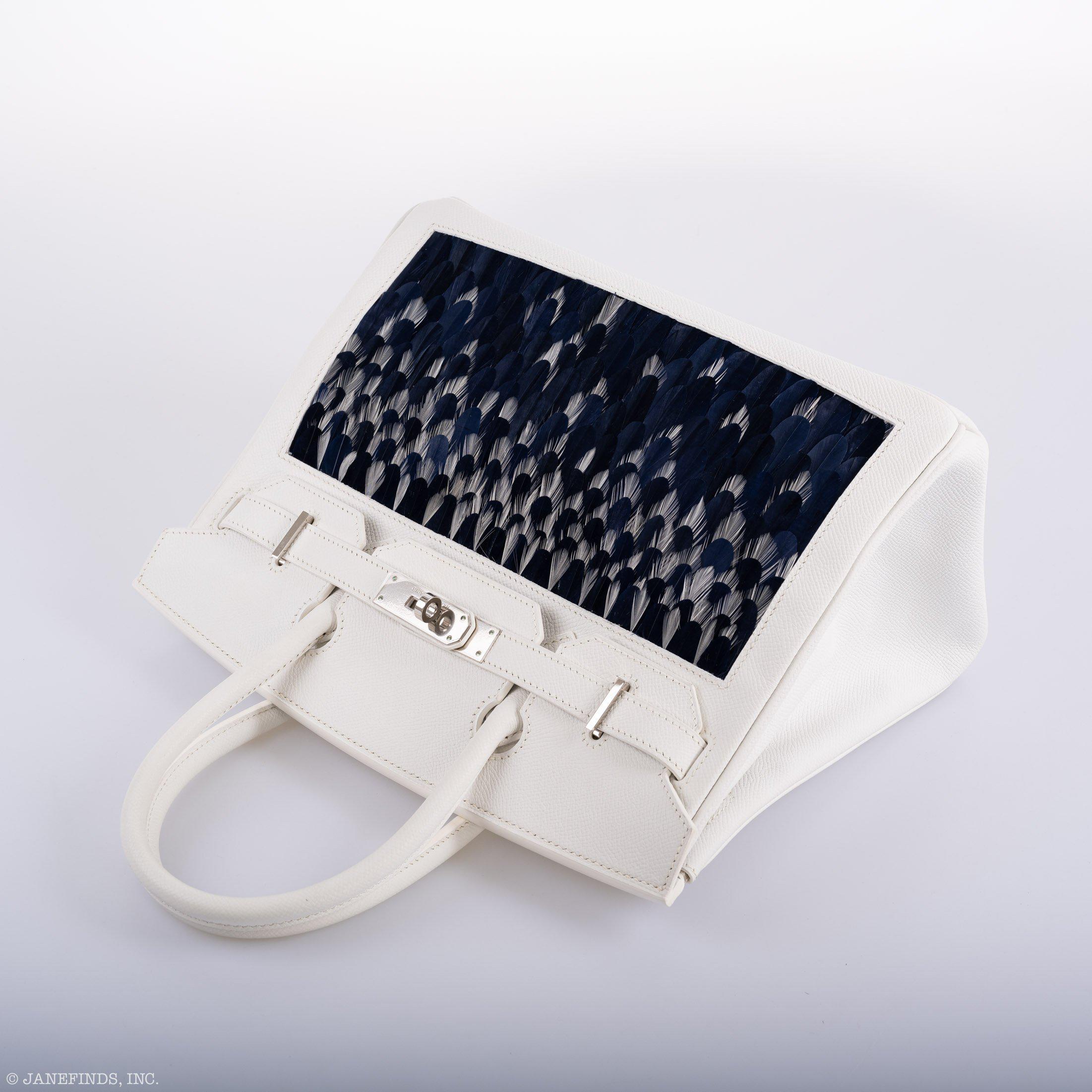Vintage Hermes Birkin 30 White Epsom with Custom Feather Panel & Palladium Hardware - 2010, N Square