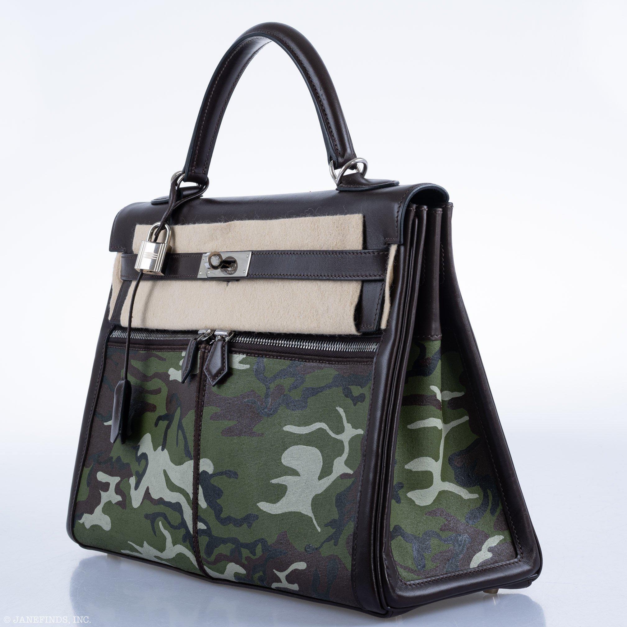 Vintage Hermes Kelly Lakis 35 Chocolate Box & Toile Camouflage Painting Palladium Hardware