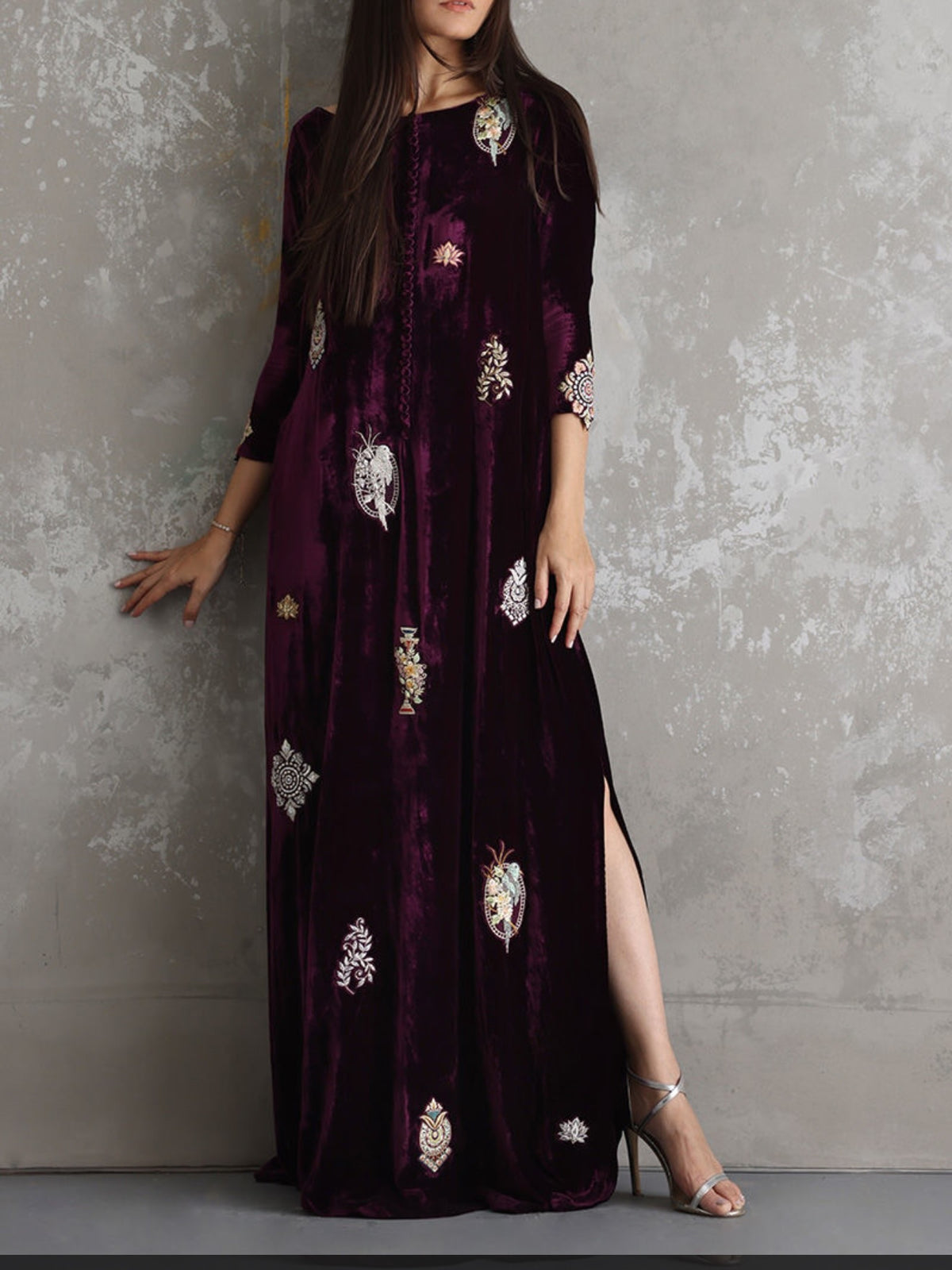 Wine Velvet Embroidered Dress – Pakistani Formal Wear