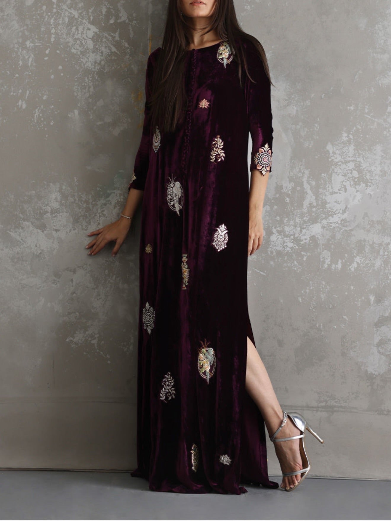Wine Velvet Embroidered Dress – Pakistani Formal Wear