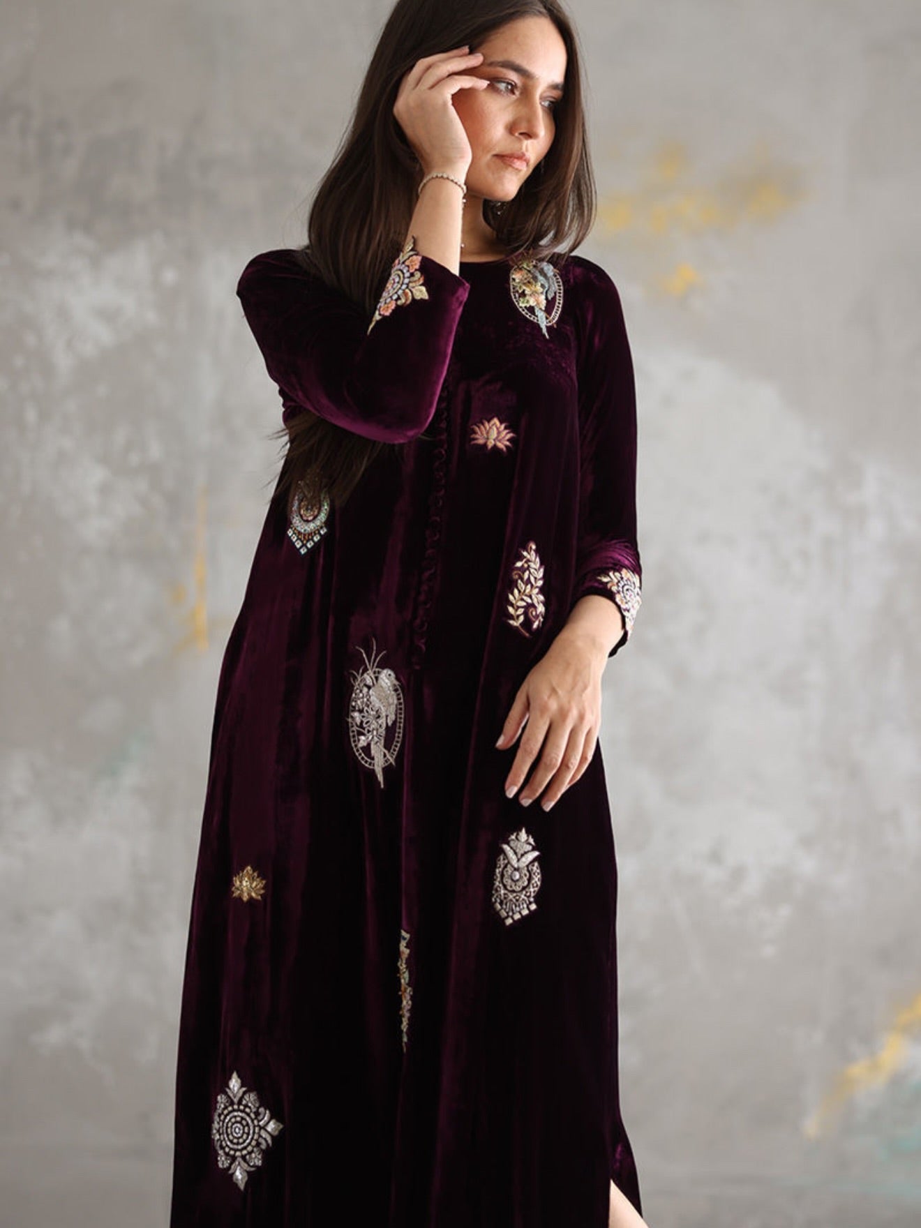 Wine Velvet Embroidered Dress – Pakistani Formal Wear