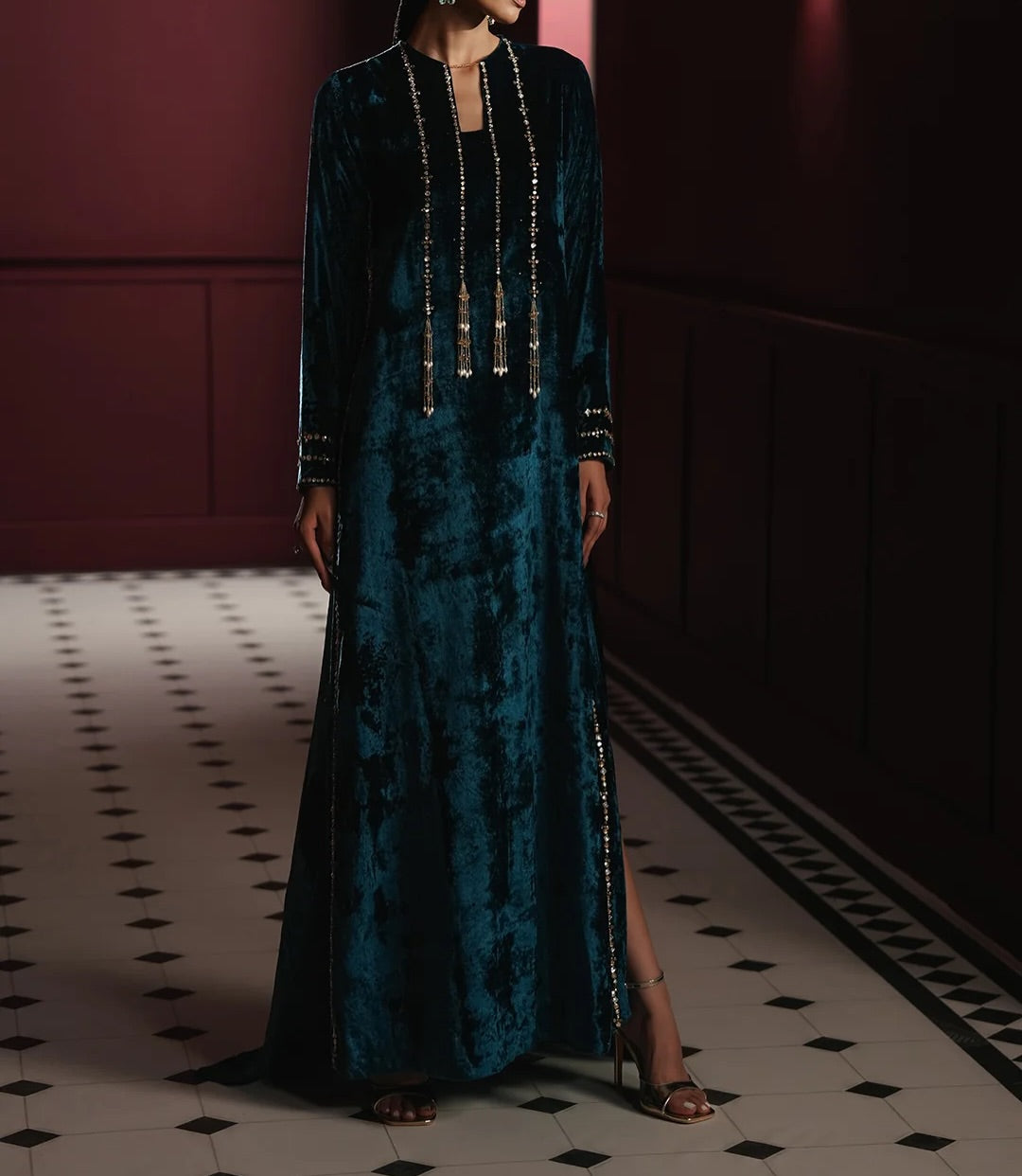 Teal Velvet Kaftan Dress – Pakistani Designer Formal Wear
