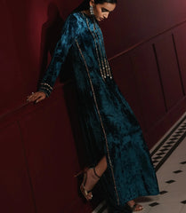 Teal Velvet Kaftan Dress – Pakistani Designer Formal Wear