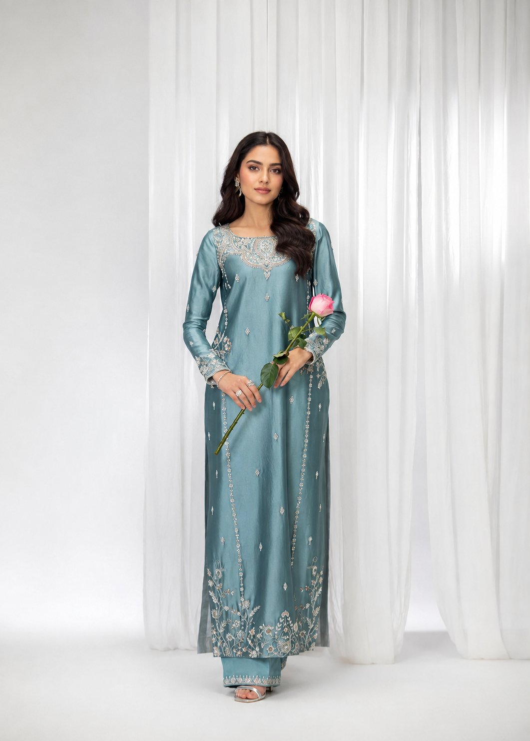 Ruksaar sea green Pakistani kurta set with embroidered detailing and matching pants