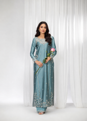 Ruksaar sea green Pakistani kurta set with embroidered detailing and matching pants